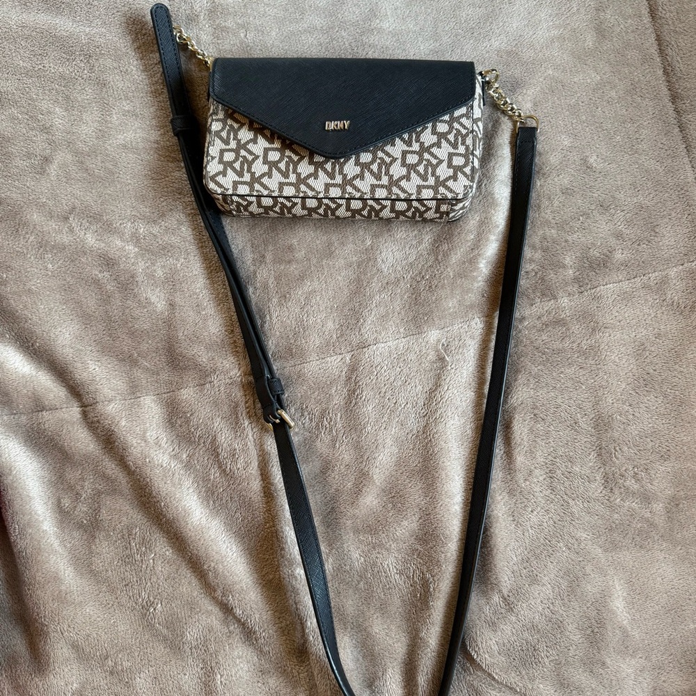 DKNY Black and Beige Monogram Crossbody Bag